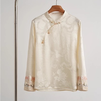 斜襟缎面真丝提花盘扣刺绣长衬衫
