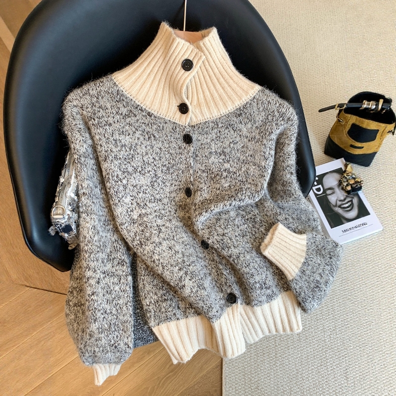 杂色高领毛衣开衫宽松显瘦外套女