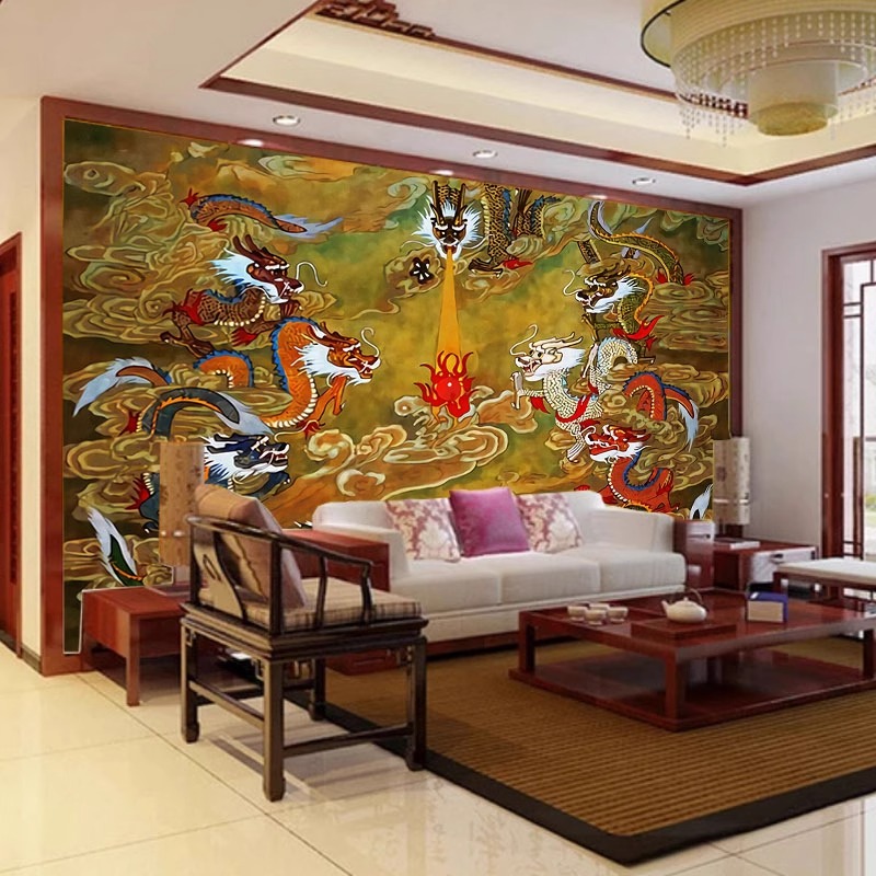 西藏唐卡九龙图壁纸佛寺庙佛系壁画佛像佛堂用品藏式装饰背景墙纸