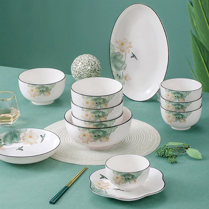 优尊陶瓷荷天下釉中彩陶瓷碗家用新中式加厚防烫碗盘碟单个可微波,餐饮具,盘,淘宝优惠券,粉丝福利购,淘宝优惠卷