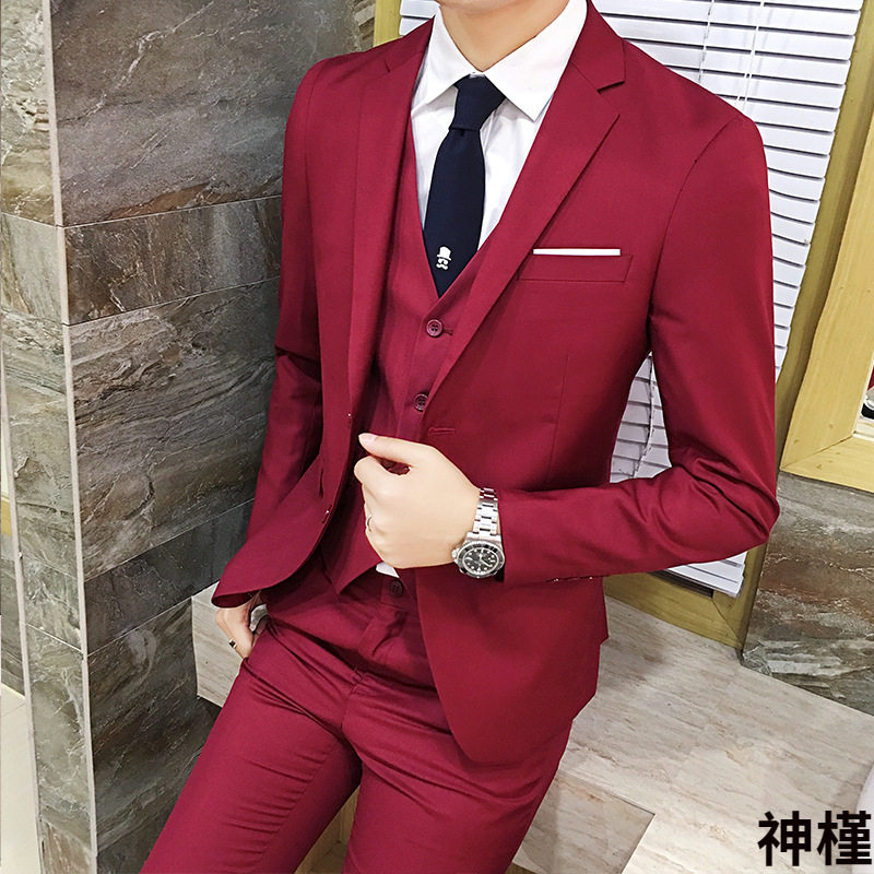 跨境男式休闲西装男新郎外套男士西服男套装三件套外贸加大码西装