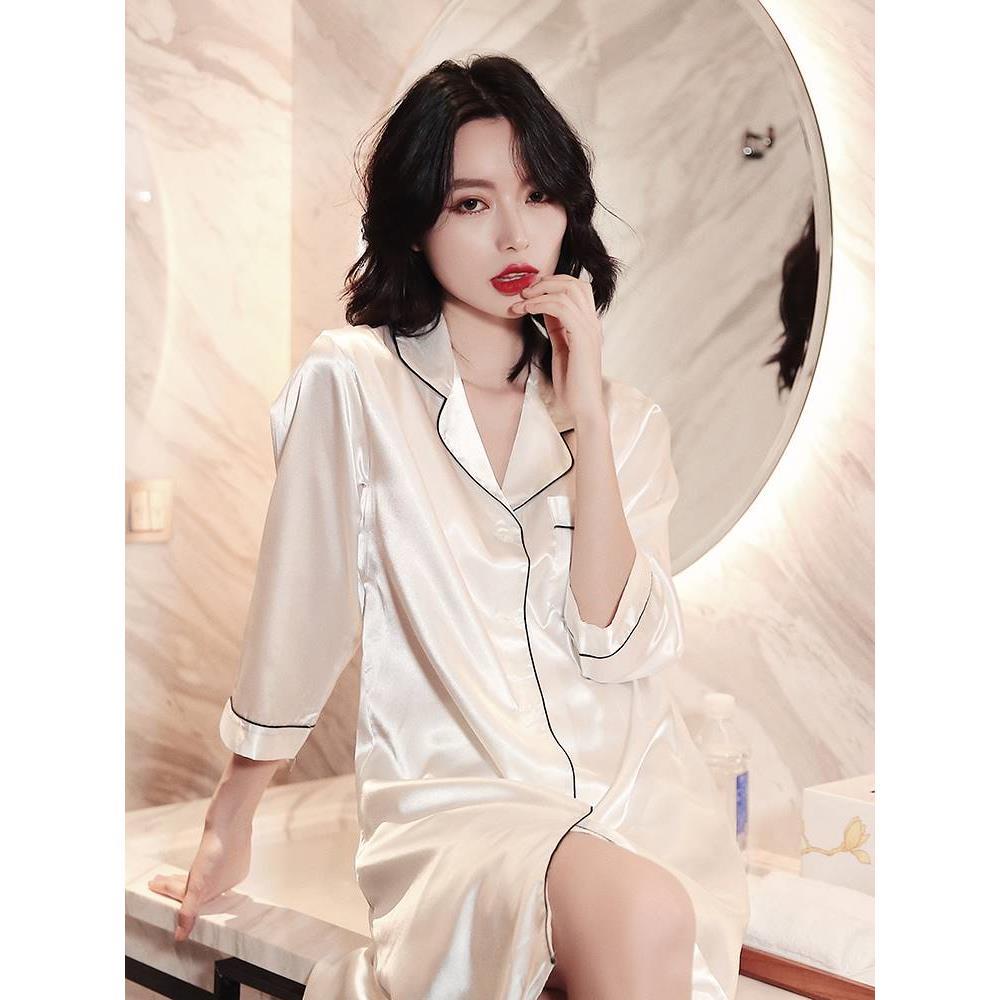 衬衫睡裙女男友风白色睡衣性感外穿夏天冰丝绸衬衫简约家居服春秋