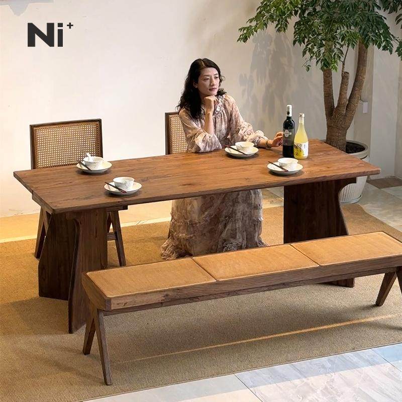 Ni尼家中古侘寂风实木餐桌长方形饭桌子餐厅民宿办公人字腿大板桌