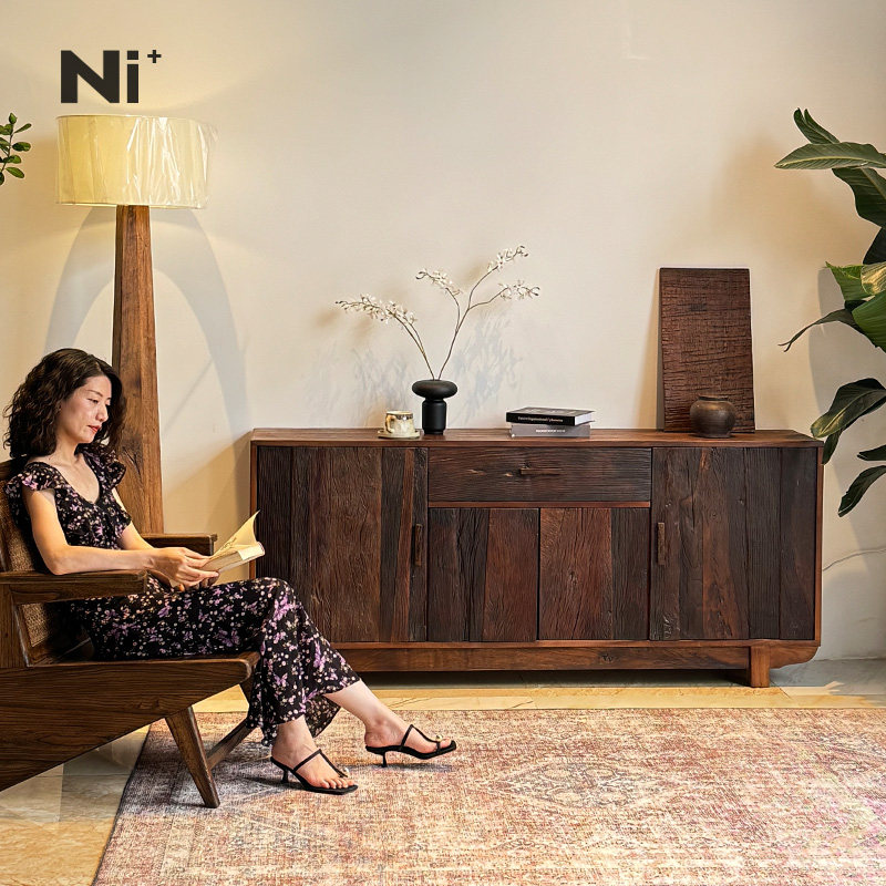 Ni尼家侘寂风实木边柜客厅中古餐边柜复古电视柜玄关收纳储物柜子