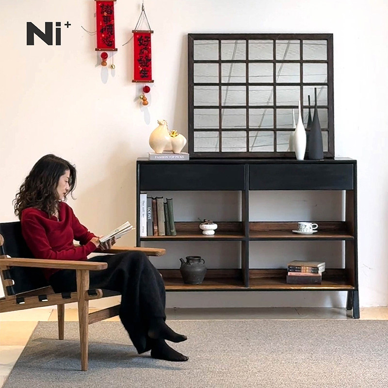 Ni+尼家实木餐边柜中古风客厅黑色复古风民宿储物柜侘寂风玄关柜