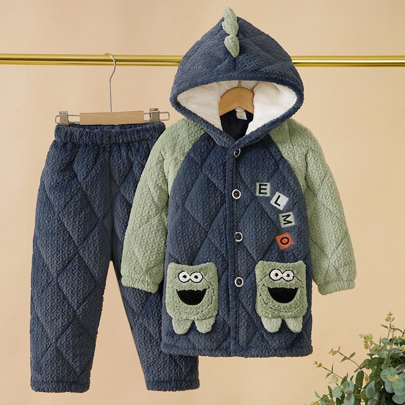 冬季儿童睡衣男童加厚三层夹棉小孩宝宝法兰绒家居服套装
