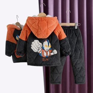 儿童睡衣男童珊瑚绒冬季奥特曼三层夹棉加厚款宝宝小孩家居服套装