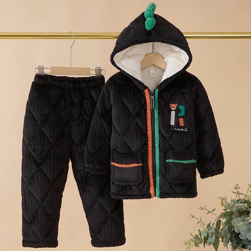 男童睡衣拉链三层夹棉加厚款中大童法兰绒小童冬季儿童家居服套装
