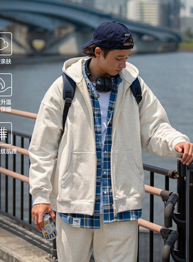 RESTICK 日系重磅连帽拉链开衫卫衣男生秋季灰色空气感帽衫外套