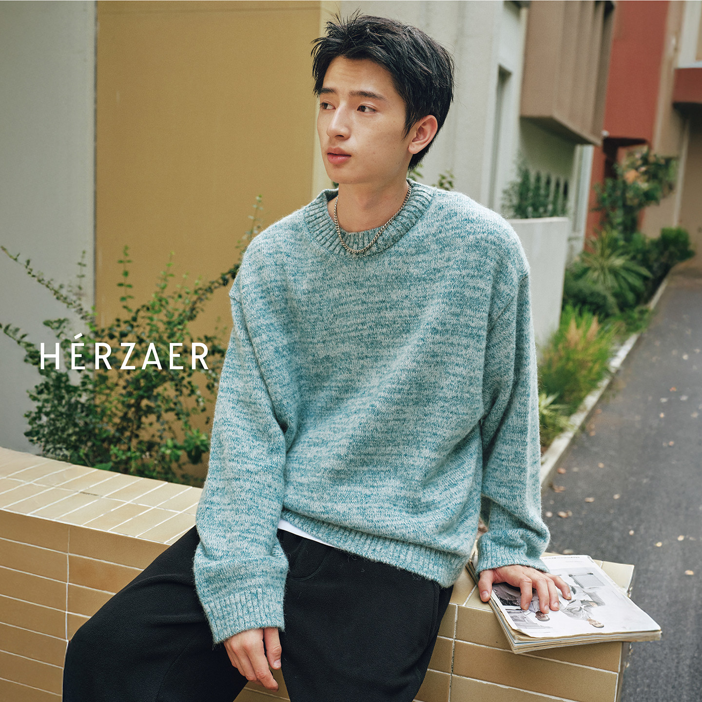 RESTICK 松石绿复古羊驼绒羊毛混纺圆领套头毛衣针织衫慵懒风