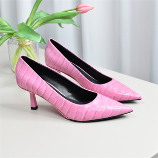 37码做工精致尖头浅口真皮玫红色高跟鞋上班通勤女士单鞋