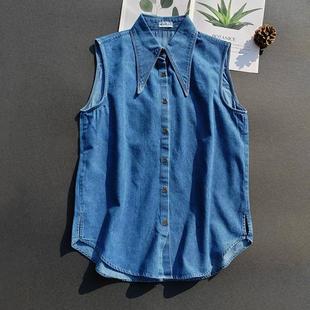 大领！复古做旧柔软厚实牛仔打底无袖衬衣马甲衬衫女叠穿背心内搭