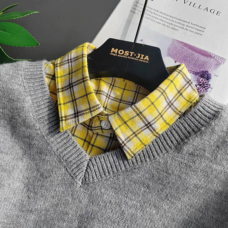 新款格子磨毛假领子黄格假领女衬衫领男全棉领子
