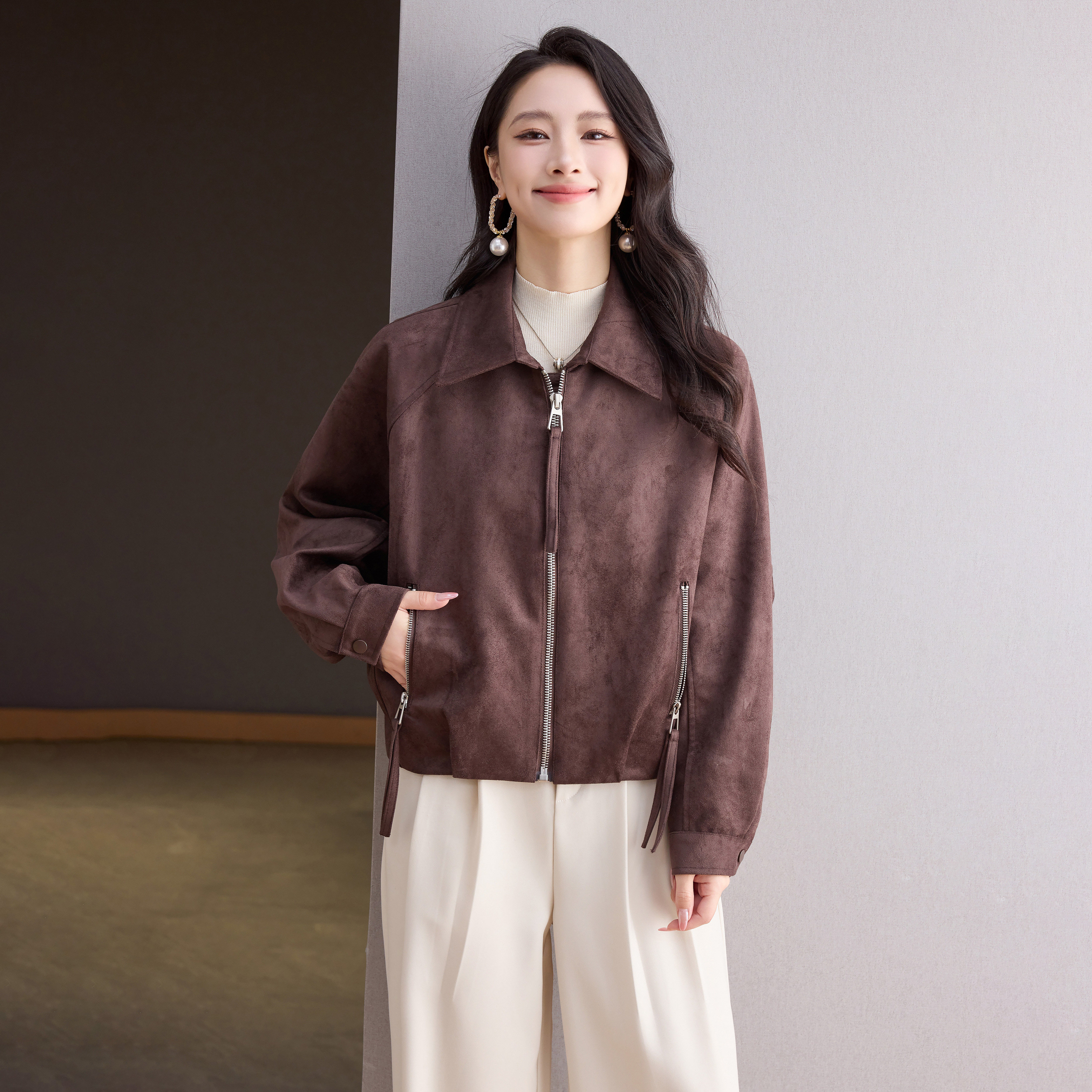 早秋新款韩系麂皮短款翻领夹克女