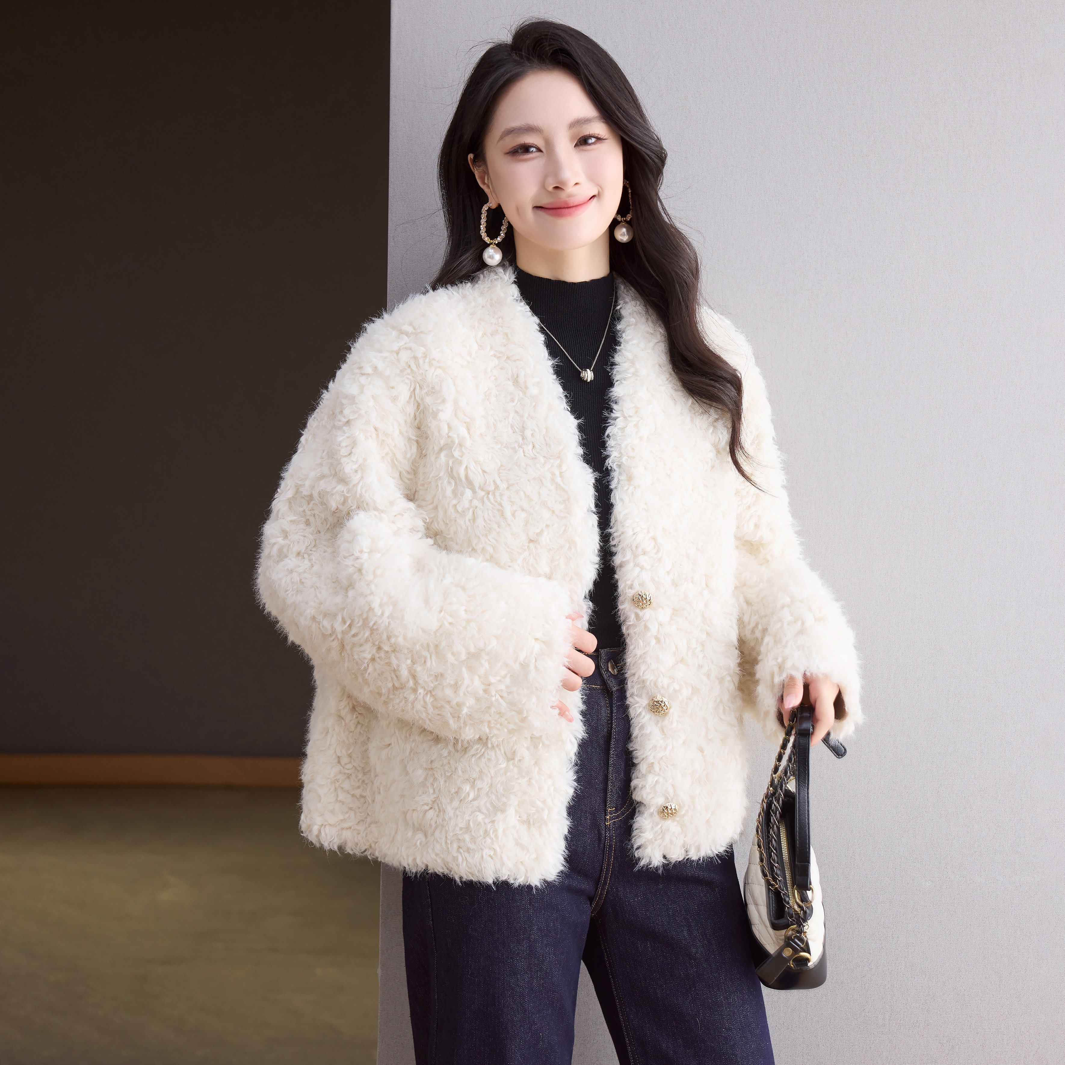 秋冬女仿小湖羊皮毛一体中长外套