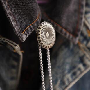 复古美式西部牛仔小款古银色铜质菊花扣波洛领带 BOLOTIE线环领绳
