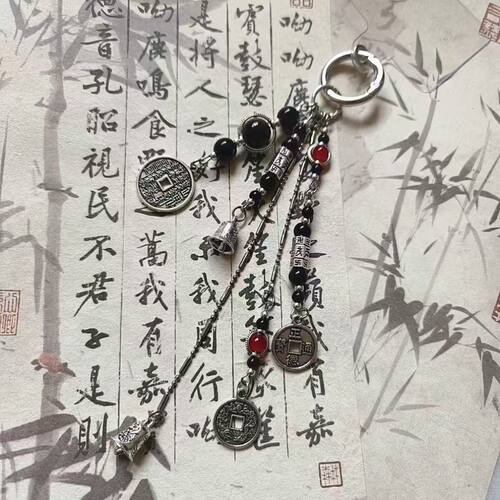 2025年新款道系青年山鬼花钱流苏复古手机链转古风包包挂件钥匙扣