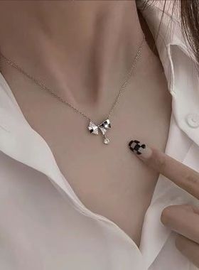 棋盘蝴蝶结新款高级ins项链