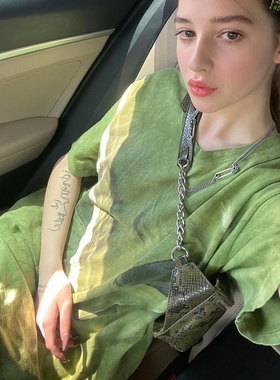VintageTang美式复古绿色小众扎染短袖t恤女潮ins夏纯棉上衣壕贰