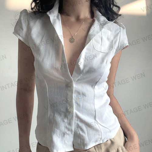 VintageWen美式复古白色学院风排扣收腰显瘦小口袋辣妹短款衬衫女