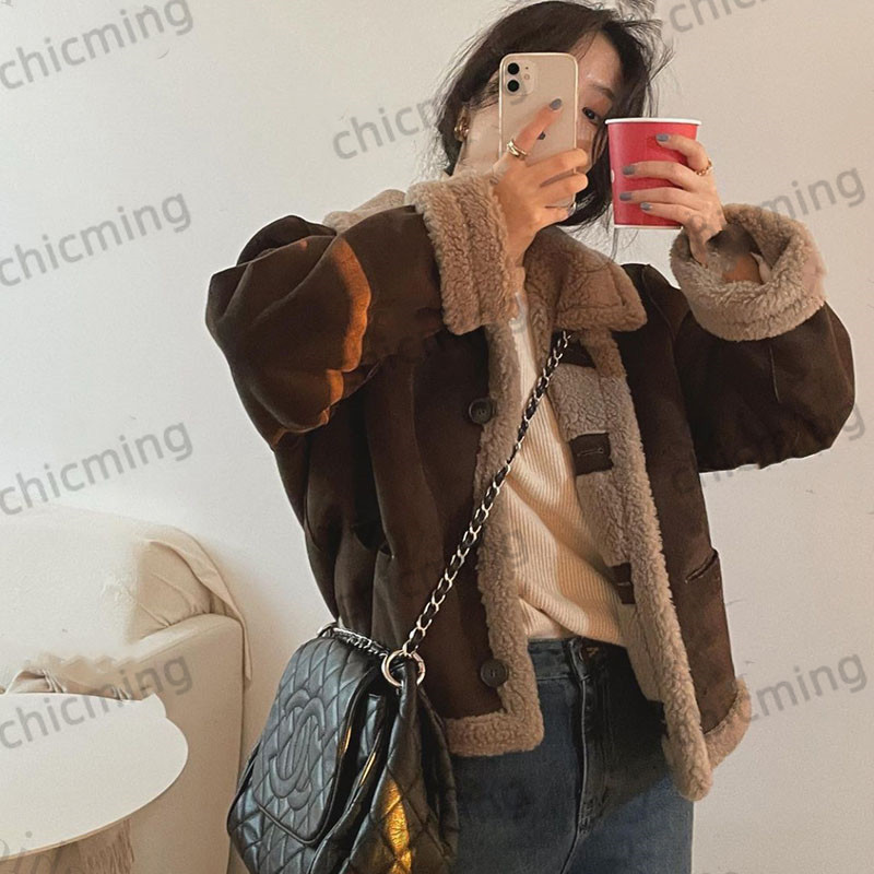 Vintage Wen 棕色鹿绒皮拼接羊羔毛韩版宽松呢子外套女韩风温柔秋
