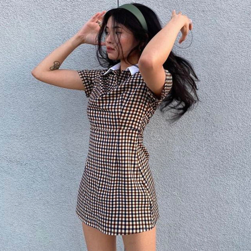 Vintage Wen美式复古棕色格子翻领短袖连衣裙女2025夏季潮ins短裙