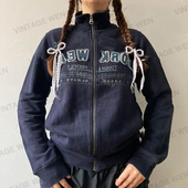复古深蓝色字母贴布立领学院风宽松个性 Vintage Wen美式 卫衣外套