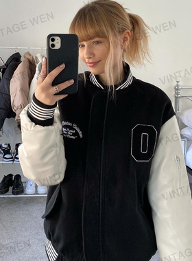 Vintage Wen美式复古黑色皮质加厚棒球服棉服女潮ins秋冬夹克外套