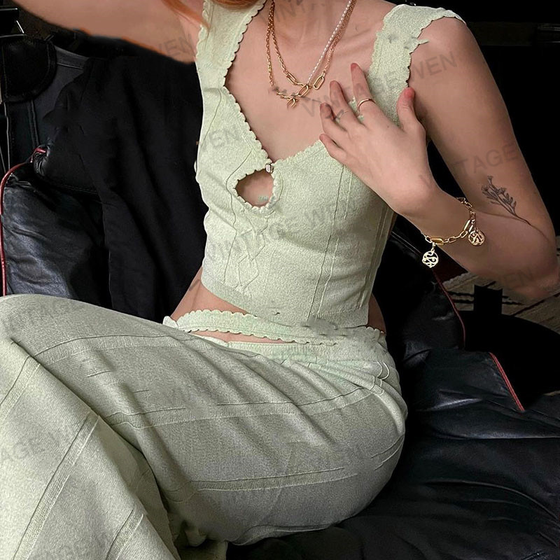 Vintage Wen美式辣妹木耳边薄荷绿针织纯欲吊带半身裙两件套简约,女装/女士精品,时尚套装,淘宝优惠券,粉丝福利购,淘宝优惠卷