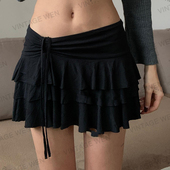 Vintage Wen法式 复古辣妹黑色系带A字辣妹短裙显瘦蛋糕半身裙百搭