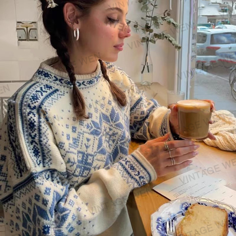 Vintage Wen北欧复古雪花费尔岛毛衣秋冬女加厚针织衫上衣百搭