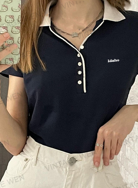 Vintage Wen美式复古黑色polo领显瘦百搭针织短袖T恤女夏季上衣