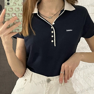上衣 Vintage Wen美式 复古黑色polo领显瘦百搭针织短袖 T恤女夏季