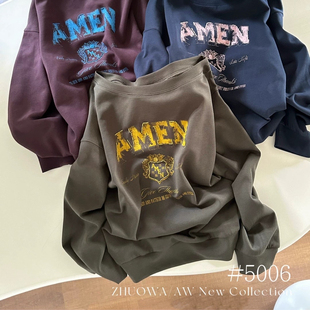 长袖 2025早秋新款 宽松字母印花一字肩薄款 版 卫衣女 卓娃ZW复古美式