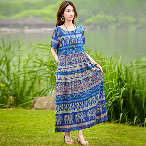 民族风印花棉绸连衣裙女夏季大码中老年妈妈宽松短袖过膝长款裙子