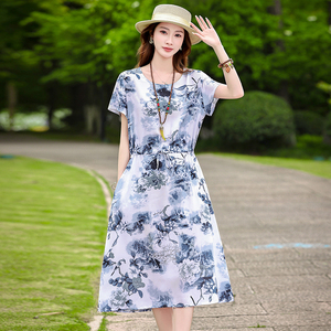 棉绸碎花连衣裙女夏季中老年妈妈装宽松收腰短袖大码绵绸中长裙子