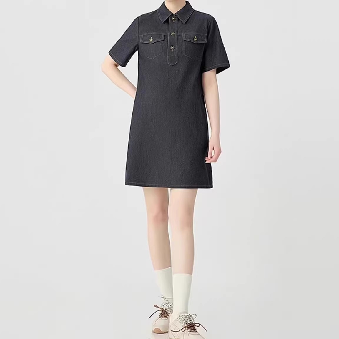 白领哥弟新2025专柜同款夏新款Polo领百搭显瘦弹力中长款连衣裙女