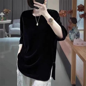 金丝绒上衣新中式 胖MM黑色盘扣国风打底衫 春秋中款 女宽松开叉大码