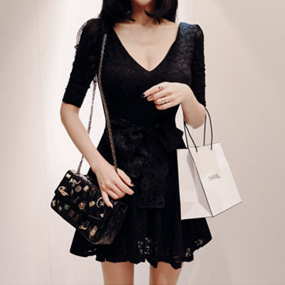 大码女装春夏秋新款中袖前后大v领性感露背夜店低胸蕾丝连衣裙