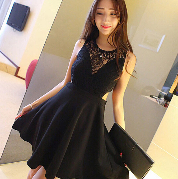 夜店女装新款性感深v镂空露背收腰修身无袖短裙拼接蕾丝连衣裙子
