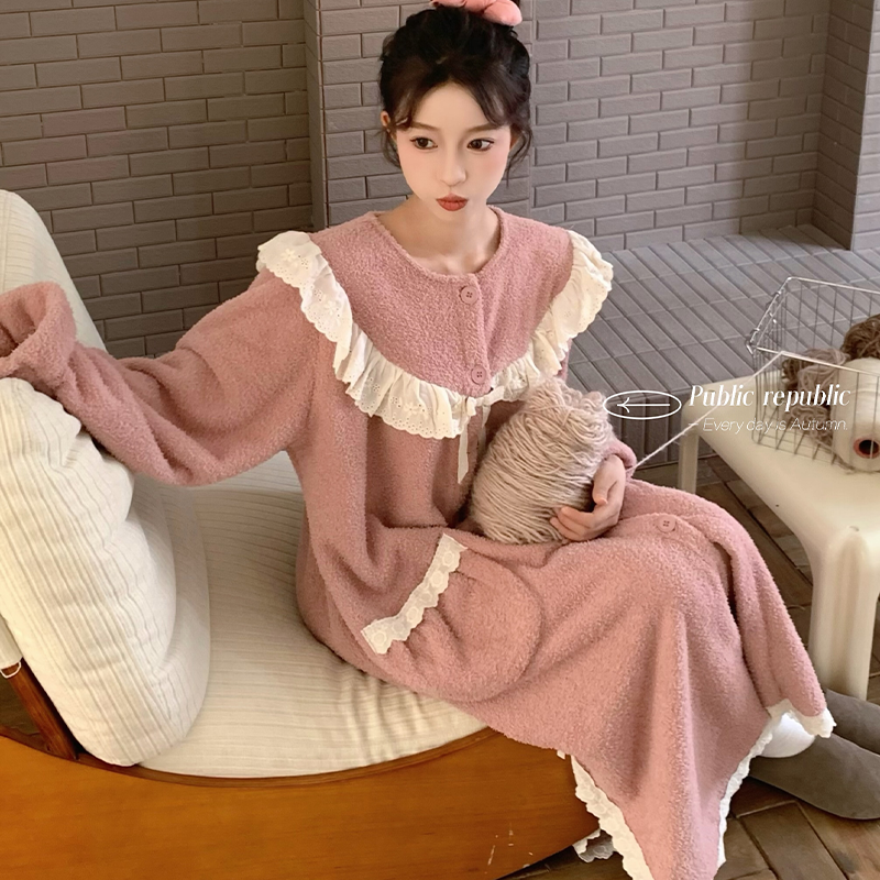 韩国PB睡裙女纯色清新甜美可爱花边舒适中厚珊瑚绒圆领家居睡裙女