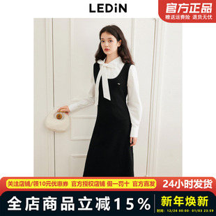 乐町蝴蝶结背心长裙冬季 基础简约黑色连衣裙收腰大裙摆针织裙 新款