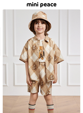 【专柜同款】MINIPEACE太平鸟童装男童夏季套装小熊格纹衬衫短裤