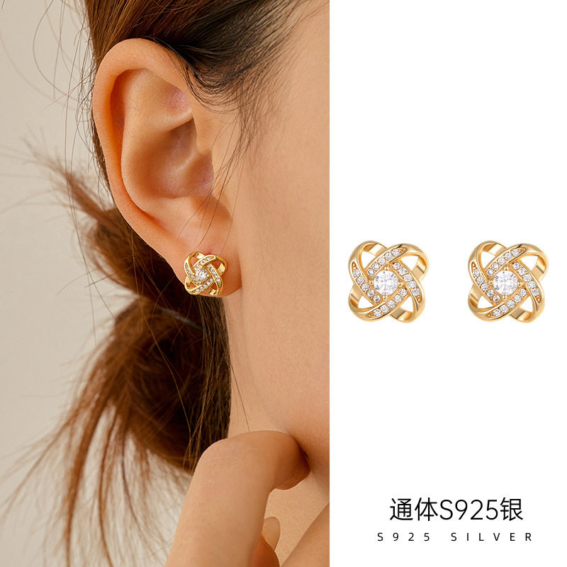 S925纯银欧美爆款满钻四叶草耳钉女时尚轻奢气质镀K金耳饰
