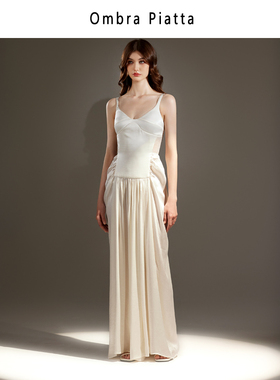 Ombra Piatta小众25S春夏铜氨丝拼蕾丝吊带裙暗黑V领露背长连衣裙