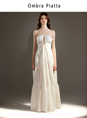 Ombra Piatta小众设计感铜氨丝拼接蕾丝露背裙25夏喽空系带连衣裙