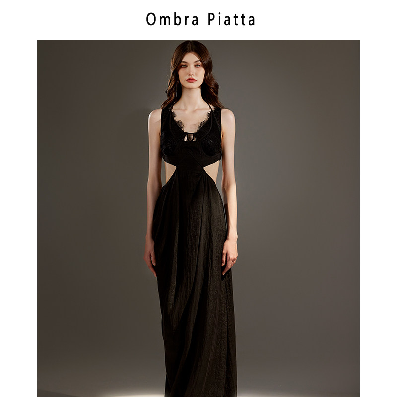 Ombra Piatta小众设计感铜氨丝拼接蕾丝长吊带裙露背度假风连衣裙