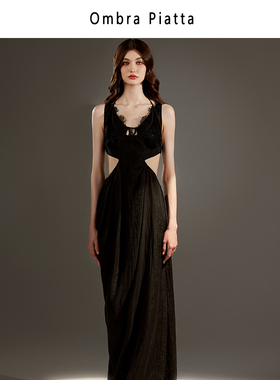 Ombra Piatta小众设计感铜氨丝拼接蕾丝长吊带裙露背度假风连衣裙