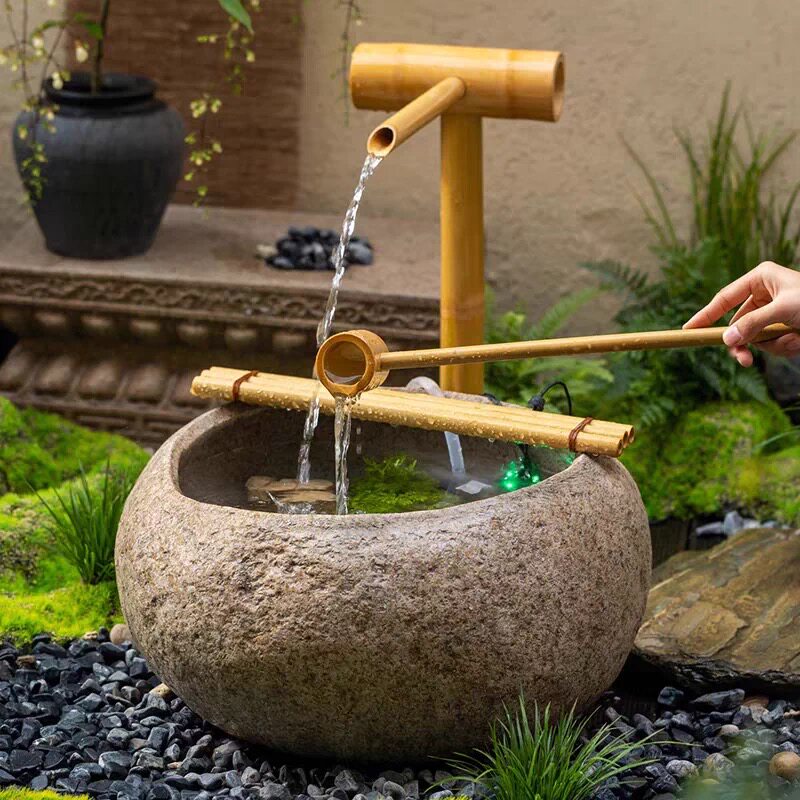 天然石头喷泉竹子流水鱼缸雾化摆件院子装饰花盆阳台水景养荷花池