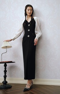 高端定制2023春新款 拼接三醋酸连衣裙1C33105190 钻扣流光纱袖